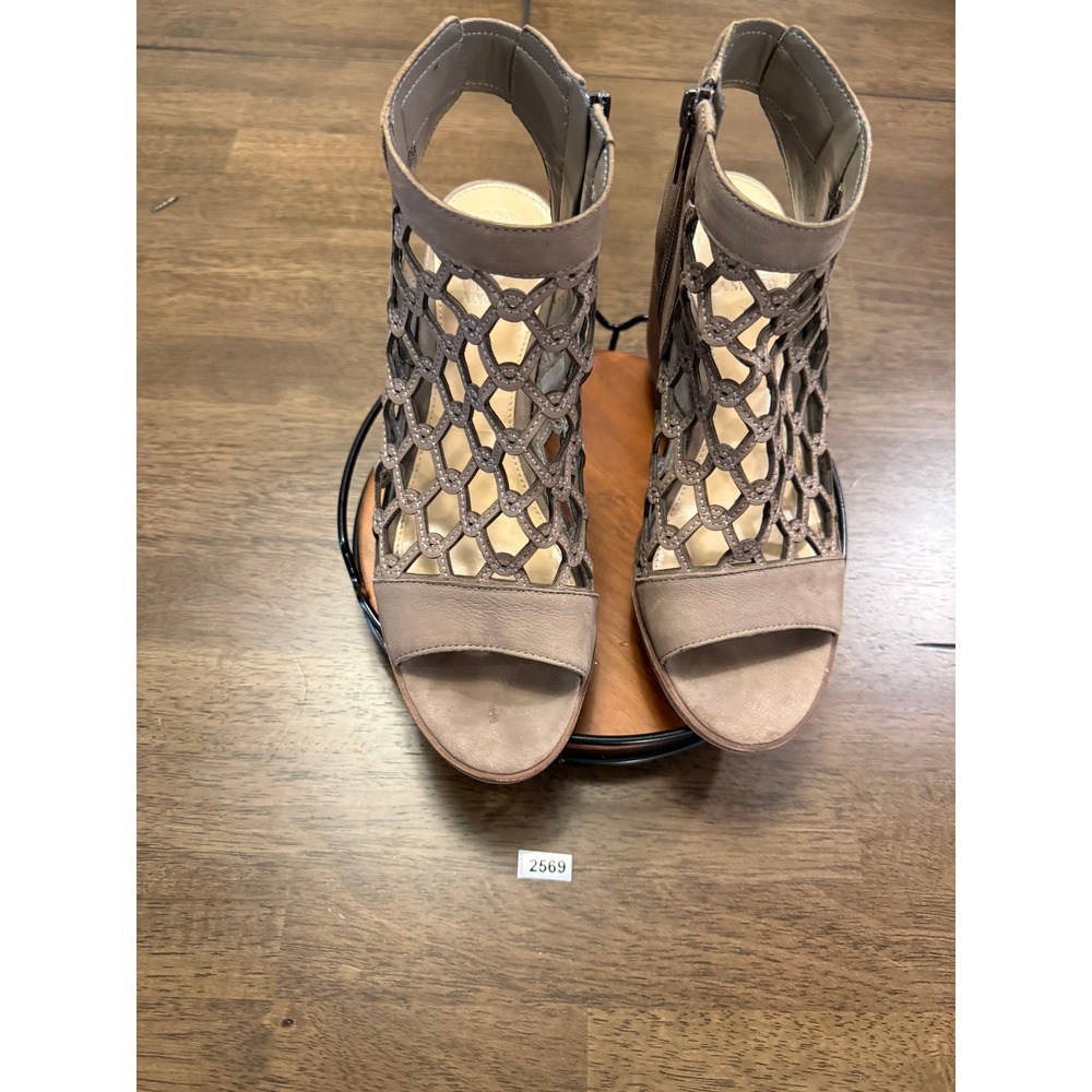 Vince Camuto Taupe Leather Lattice Cage Block Heel Sandals Size 8.5 M 39